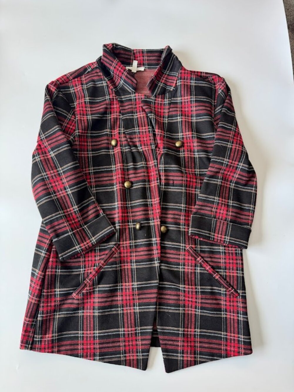 Maurices L Red Black Tartan Plaid Double Breasted Jacket Brass Buttons Pockets